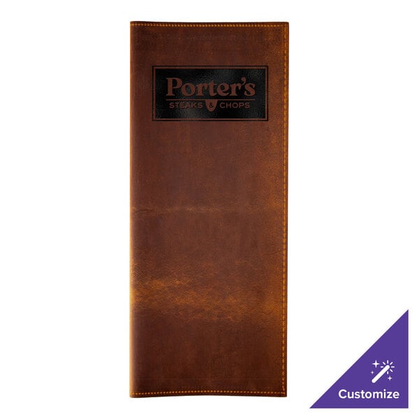 H. Risch, Inc. Genuine Leather 4 1/4" x 11" Customizable Brown Portfolio Menu Cover - 25/Case
