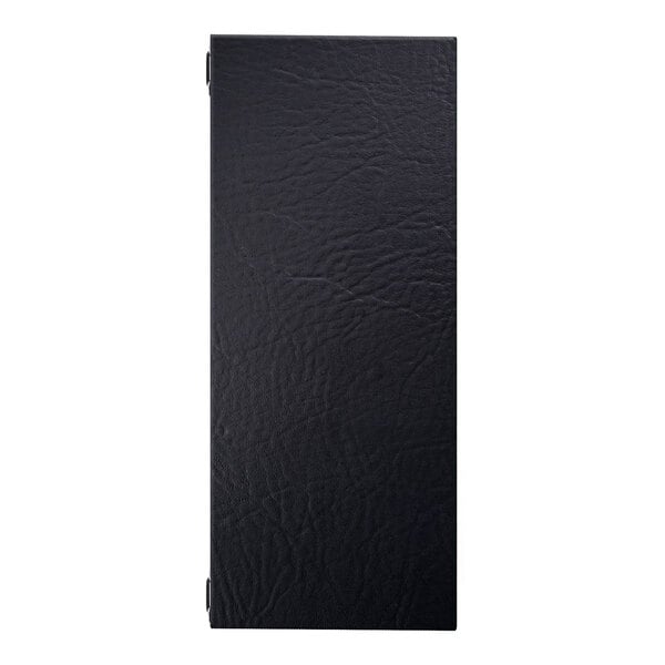 A black textured menu cover with four eyelets, designed to hold 8.5 x 11 inch paper.