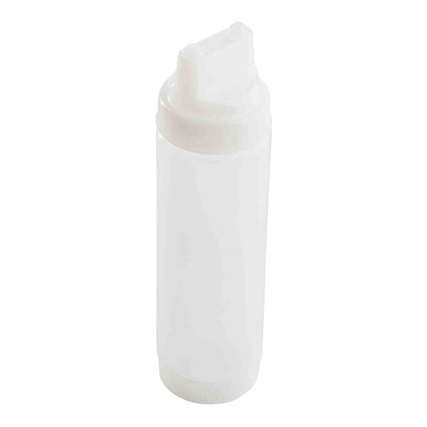 A translucent plastic squeeze bottle with a dual-tip top and wide mouth opening.