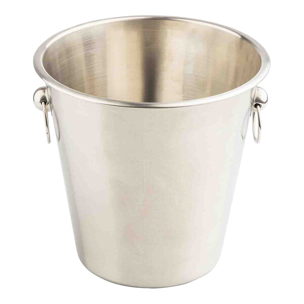 A stainless steel wine bucket with ring handles.