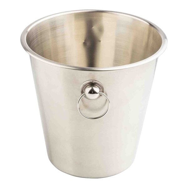 A stainless steel wine bucket with ring handles.