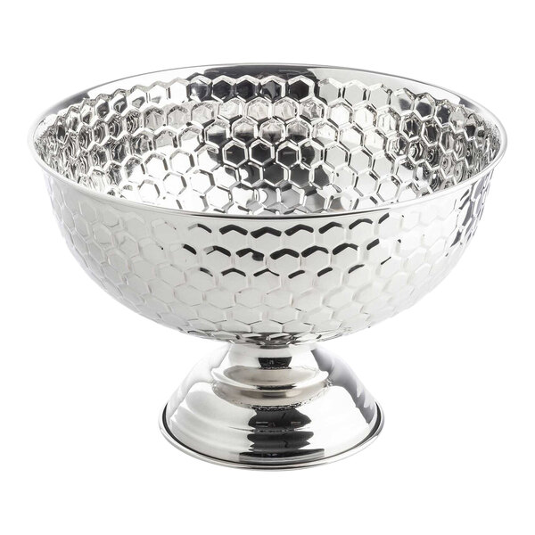 A round stainless steel punch bowl with a honeycomb pattern and a footed base.