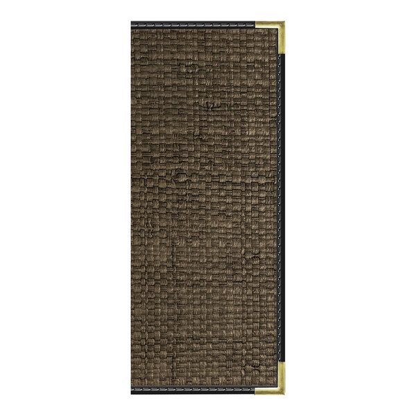A rectangular mocha-colored rattan menu cover with black trim and gold corner accents.