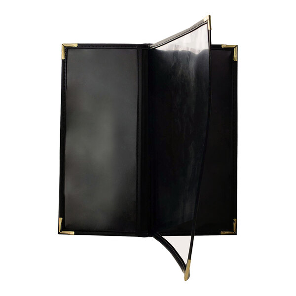 H. Risch, Inc. Rattan 4 1/4" x 11" Customizable Mocha 4-View Menu Cover with Black Trim - 25/Case
