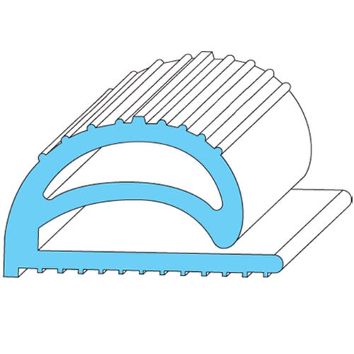 A blue and white drawing of a curved rubber strip.