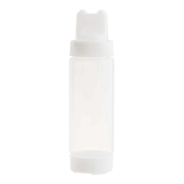 A clear plastic squeeze bottle with two tip openings and wide mouth, designed for dispensing condiments.