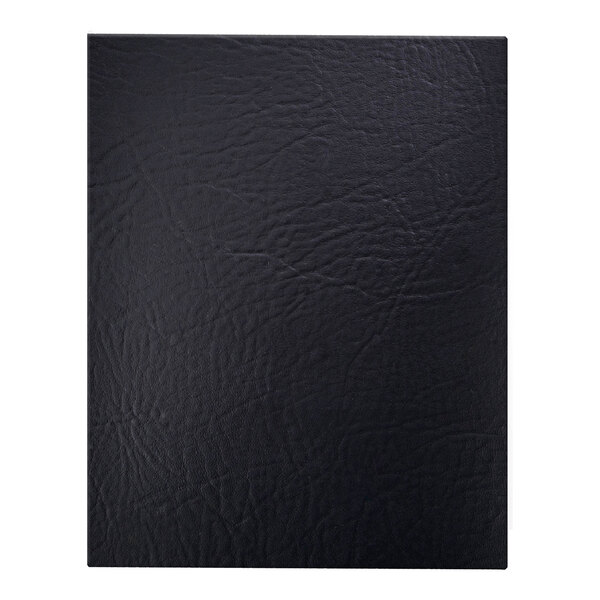 A black customizable menu cover with a textured surface and floating leather hinge.