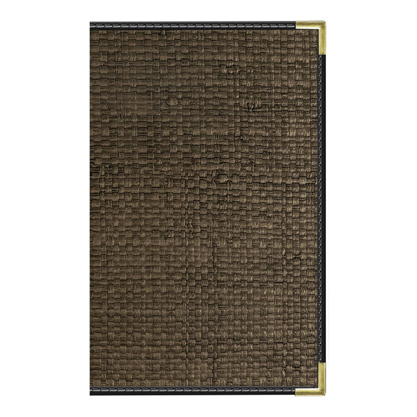 A rectangular mocha-colored rattan menu cover with black trim and metal corner protectors.