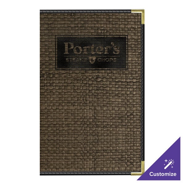 H. Risch, Inc. Rattan 8 1/2" x 14" Customizable Mocha 6-View Menu Cover with Black Trim - 25/Case