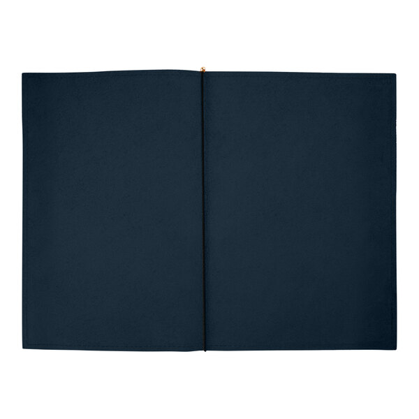 A blue genuine leather portfolio designed to hold 14 x 17 folded paper, shown open and empty.