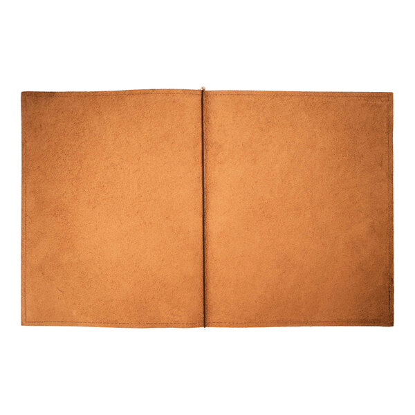 An open brown genuine leather portfolio designed to hold 8.5 x 11 inch or folded 11 x 17 inch paper.