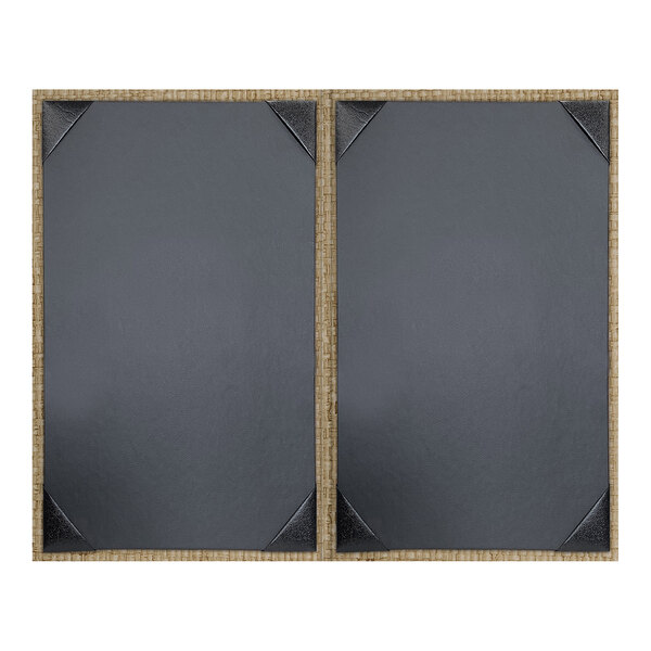 A double panel rattan document holder with two display views, sized 8.5 x 14 inches, featuring unpadded frames and corner tabs.