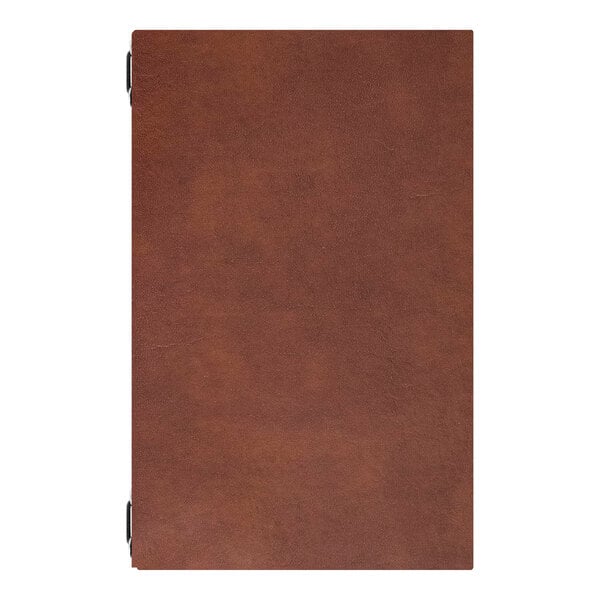A brown leatherette menu cover with four eyelets along the spine.