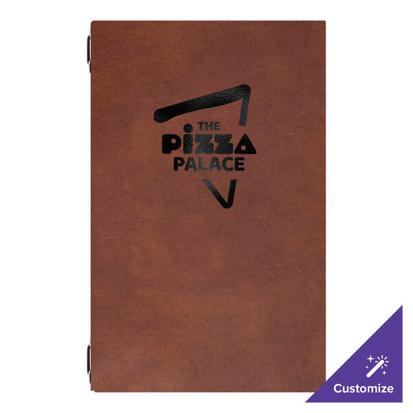 H. Risch, Inc. Augusta 5 1/2" x 8 1/2" Customizable Tuxedo Leather Brown Menu Cover with Eyelets - 25/Case