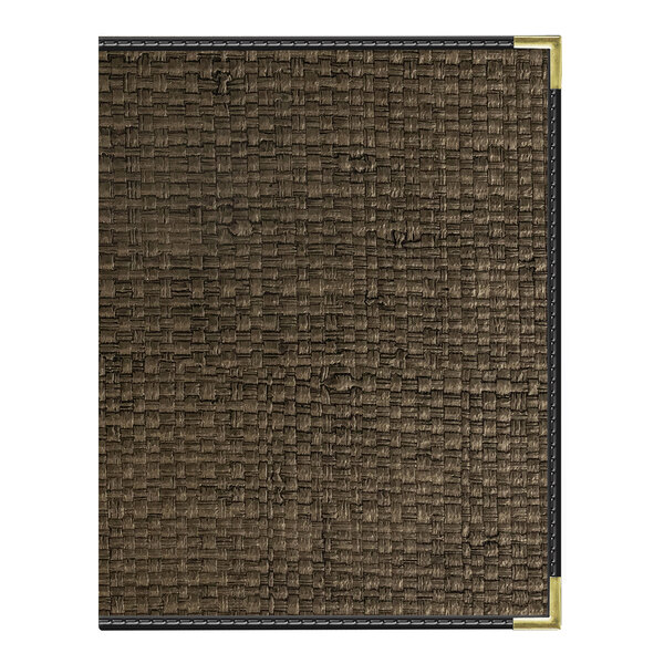 A customizable mocha-colored rattan menu cover with black trim and metal corner protectors.