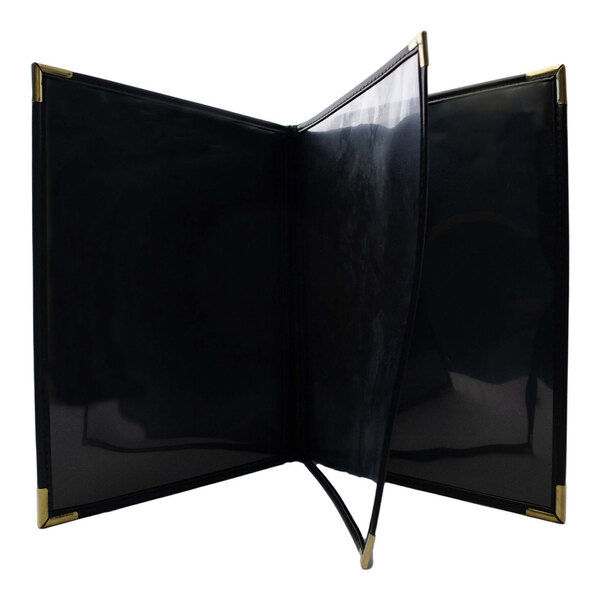 H. Risch, Inc. Rattan 8 1/2" x 11" Customizable Mocha 4-View Menu Cover with Black Trim - 25/Case