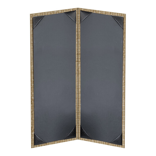A two-panel rattan-framed menu cover with black interior corners, designed to hold 4 1/4" x 11" menus.