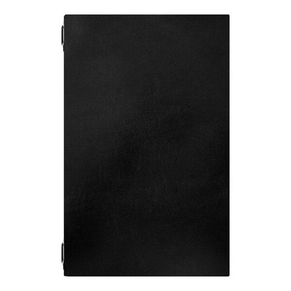 A black leather binder with four eyelets designed to hold 8.5 x 11 inch paper, measuring 5.5 x 8.5 inches.