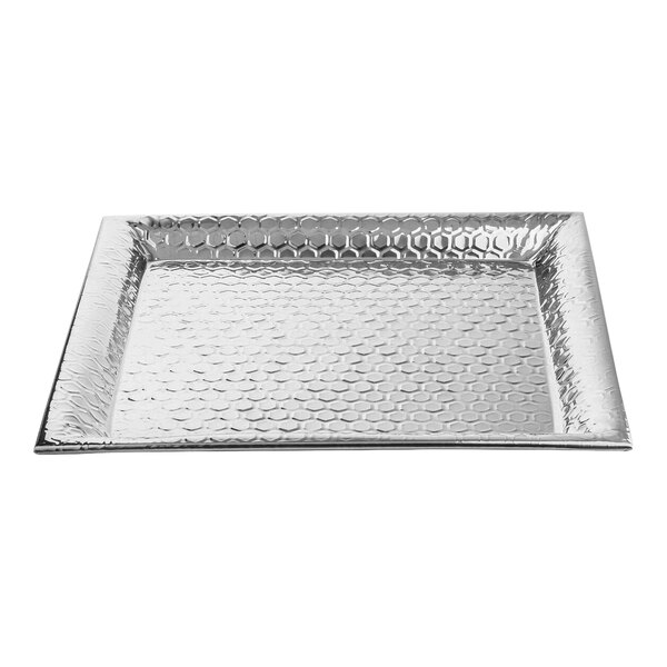 A square stainless steel serving tray with a honeycomb pattern.