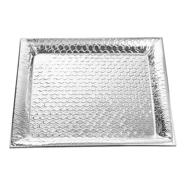 A square stainless steel serving tray with a honeycomb pattern.