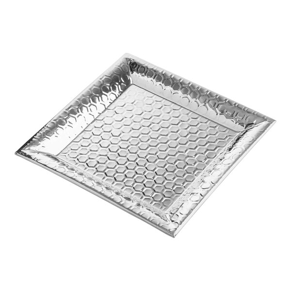 A square stainless steel serving tray with a honeycomb pattern.