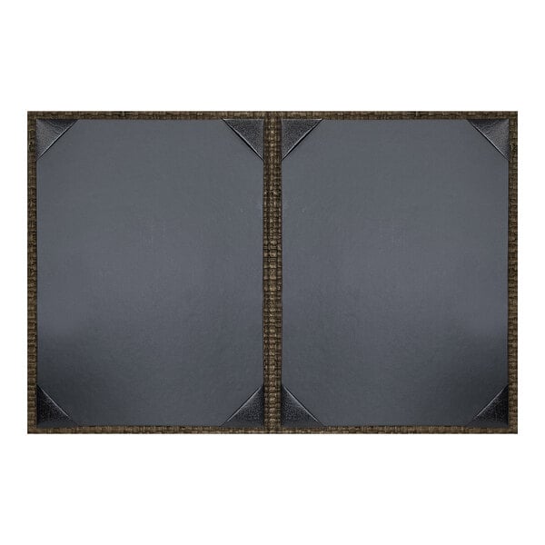 A double panel, unpadded document holder with a rattan mocha frame, designed to display two 8.5 x 11 inch sheets.