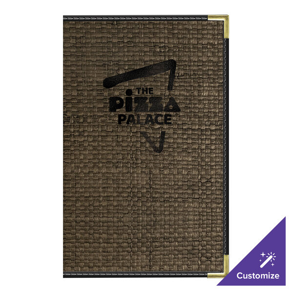 H. Risch, Inc. Rattan 8 1/2" x 14" Customizable Mocha 2-View Menu Cover with Black Trim - 25/Case