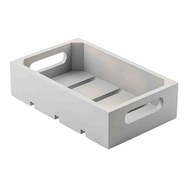 A gray wooden serving and display crate with cutout handles on the sides.
