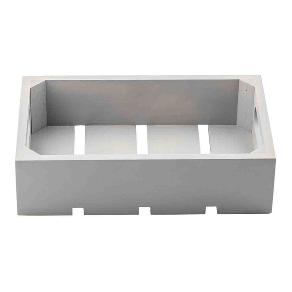 A gray wood serving and display crate with slotted sides and bottom, designed for food service use.