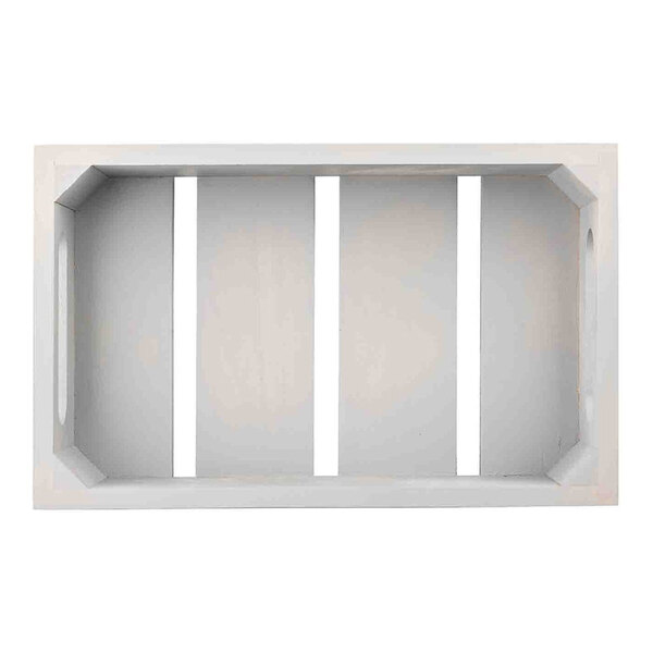 A gray wooden serving and display crate with slatted sides and handles.