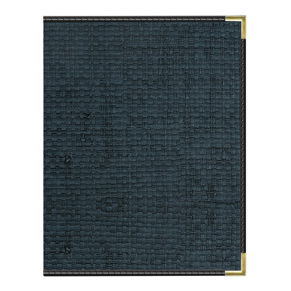 A black textured menu cover with gold corner accents and black trim, sized 8.5 x 11 inches.
