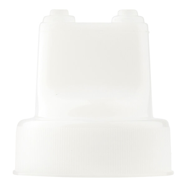 A white plastic 2-tip top cap designed for 53 mm wide-mouth squeeze bottles.