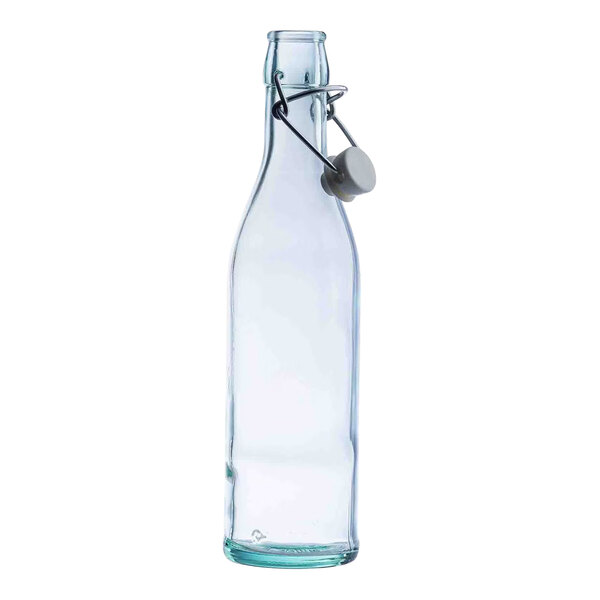 A green-tinted glass cruet with a stopper and metal clasp.