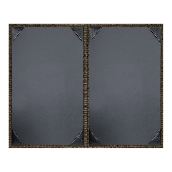 A double panel, unpadded document holder with a rattan mocha frame, designed to display two 8.5 x 14 inch sheets.