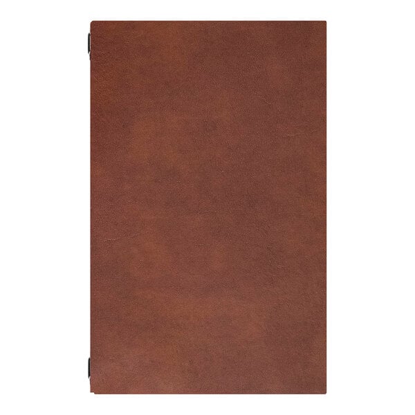 A brown leather clipboard with four eyelets designed to hold 14 x 17 inch paper using 12-inch elastic barbs.