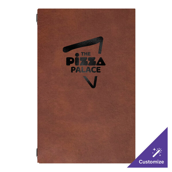 H. Risch, Inc. Augusta 8 1/2" x 14" Customizable Tuxedo Leather Brown Menu Cover with Eyelets - 25/Case