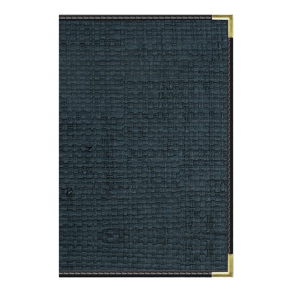 A textured black menu cover with black trim and metal corner protectors.