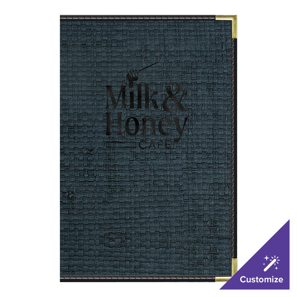 H. Risch, Inc. Rattan 5 1/2" x 8 1/2" Customizable Oxford 4-View Menu Cover with Black Trim - 25/Case