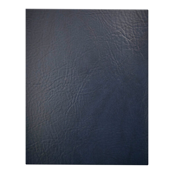 A navy blue leather binder with a floating hinge and screwposts, sized 8.5 x 11 inches.