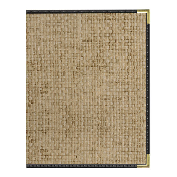 A tan rattan-patterned menu cover with black trim and gold corner accents, sized 8.5 x 11 inches.