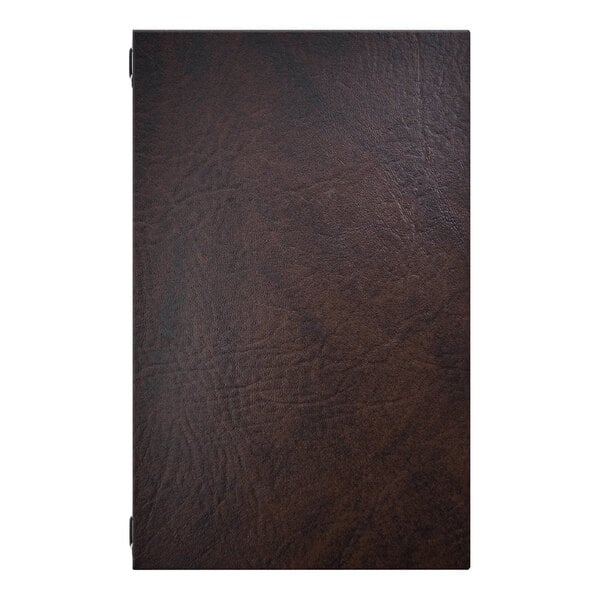 A dark brown textured menu cover with four eyelets, designed to hold 14 x 17 inch paper with 12-inch elastic barbs.