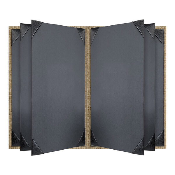 A customizable rattan 6-view menu cover designed to hold 5 1/2" x 8 1/2" inserts.