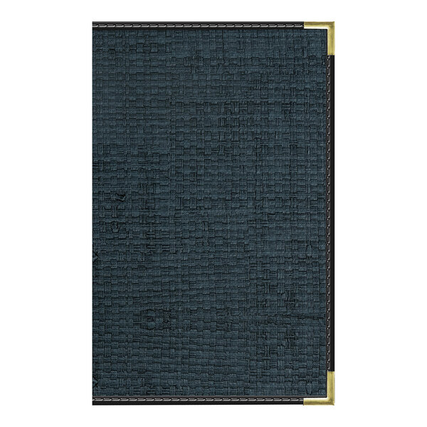 A black textured 8 1/2" x 14" menu cover with black trim and metal corner protectors.