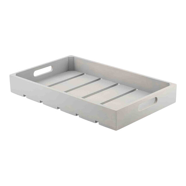 A rectangular gray wood serving and display crate with cutout handles and slatted base.