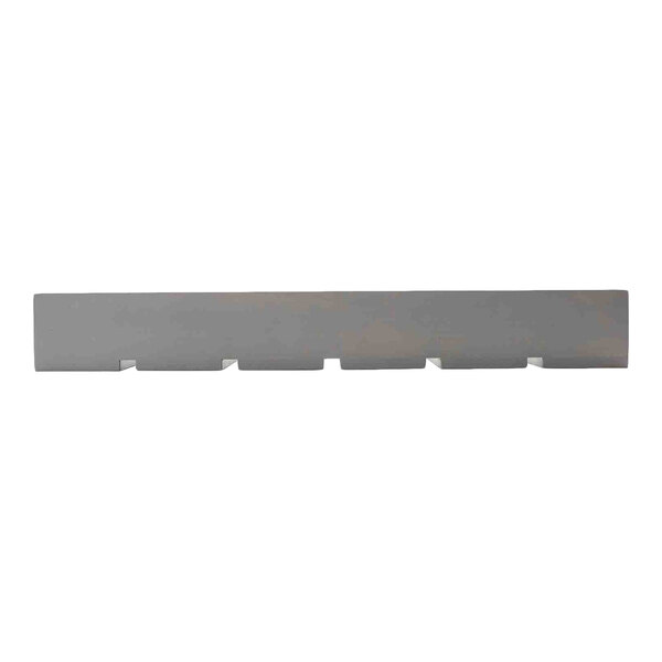 A gray wood serving and display crate with evenly spaced notches along one edge.