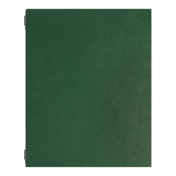 A green binder or folder with a plain cover and visible metal eyelets on the left edge.