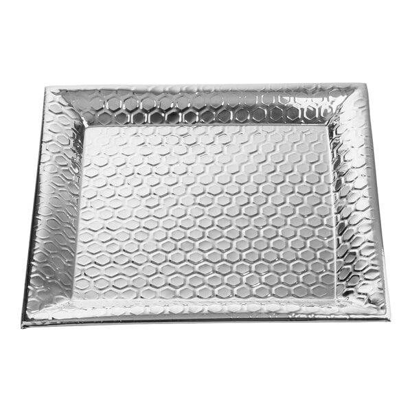 A square stainless steel serving tray with a honeycomb pattern.