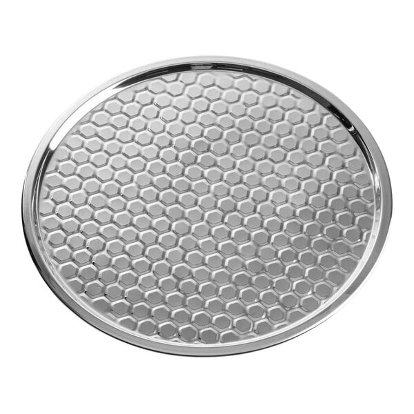 A round stainless steel serving tray with a honeycomb pattern.
