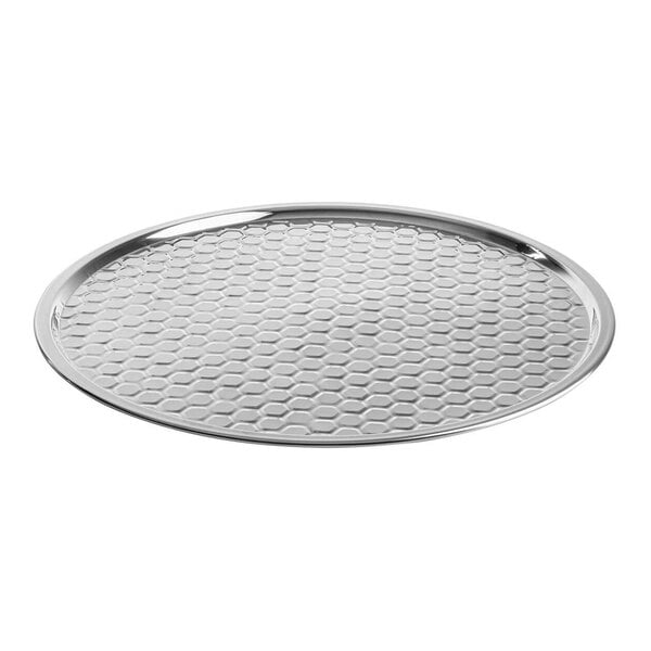 A round stainless steel serving tray with a honeycomb pattern.