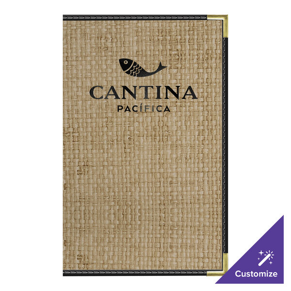 H. Risch, Inc. Rattan 8 1/2" x 14" Customizable Desert 2-View Menu Cover with Black Trim - 25/Case